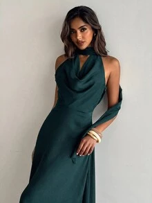 Aloruh 女款純色垂領 A 字領掛脖露背蝴蝶結洋裝，深綠色，適合婚禮晚宴，夏季性感 - 水鴨藍 - 查看 7