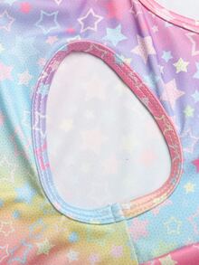 SHEIN 青少年女孩針織馬卡龍色星星印花露背背心與單車短褲2件組，適合瑜伽、運動、學校運動會、返校 - 彩色 - 查看 6