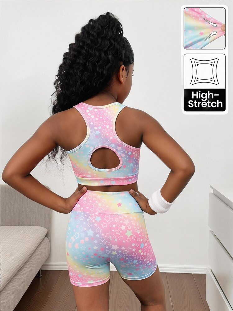 SHEIN Tween Girls Knit Macaron Color Star Print Back Cutout Tank Top And Biker Shorts 2pcs Set, Suitable For Yoga, Sports, School Sports Meet, Back To School - Multicolor - View 3