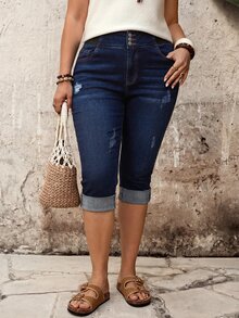 EMERY ROSE EMERY ROSE Plus Size Casual Loose Fit Traditional Washed Slim Fit Cropped Denim Jeans Women's Summer Teacher Pants Formal Vacation Navy Blue Going Out - Blue - View 3