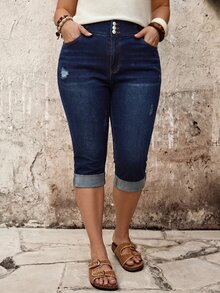 EMERY ROSE EMERY ROSE Plus Size Casual Loose Fit Traditional Washed Slim Fit Cropped Denim Jeans Women's Summer Teacher Pants Formal Vacation Navy Blue Going Out - Blue - View 6