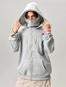 Vaulklash 男士个性化时尚字母刺绣拉链领连帽衫，街头风，朋友装，情侣装，宽松版型，男士款，印花，日系风格，男女通用，“我爱我的女朋友” - 灰色 - 查看 5