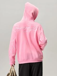 Vaulklash 男士创意文字图案刺绣金属拉链保暖连帽卫衣，粉色街头风连帽衫，秋冬款，长袖上衣 - 粉色 - 查看 3