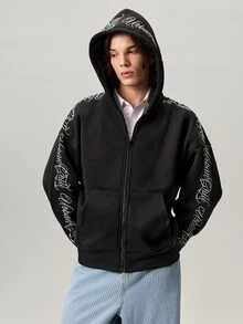 Vaulklash 男士针织时尚日常休闲宽松刺绣英文文字连帽衫，秋季、冬季、情侣装、长袖上衣 - 烏黑 - 查看 1