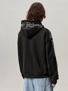 Vaulklash 男士针织时尚日常休闲宽松刺绣英文文字连帽衫，秋季、冬季、情侣装、长袖上衣 - 烏黑 - 查看 3