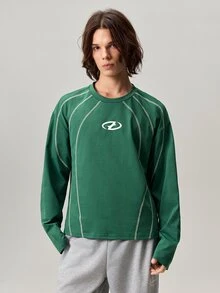 Men's Geometric Print Contrast Stitching Crew Neck Long Sleeve Casual T-Shirt - Green - View 6