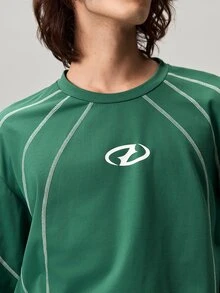 Men's Geometric Print Contrast Stitching Crew Neck Long Sleeve Casual T-Shirt - Green - View 8