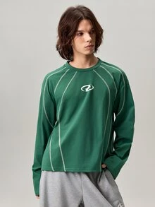 Men's Geometric Print Contrast Stitching Crew Neck Long Sleeve Casual T-Shirt - Green - View 4