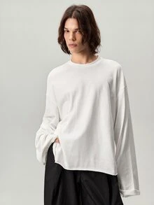 Vaulklash Men's Casual Everyday Commute Simple Solid Color Drop Shoulder Loose Rolled Hem Cropped T-Shirt, Spring/Autumn Cotton - White - View 4