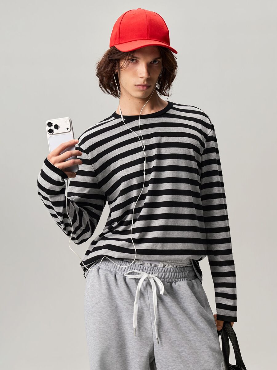 Vaulklash Men Round Neck Striped Tee, Summer, Fall, Long Sleeve Top - Multicolor - View 1