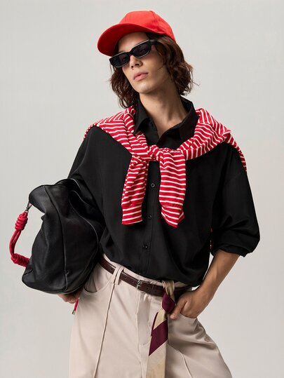 Vaulklash Kemeja Pria Hitam Gaya Streetwear Musim Gugur Lengan Panjang Berkerah, Potongan Longgar Bahu Jatuh Gaya Korea Fashion City Break Ukuran Besar Kancing Longgar Warna Polos, Formal