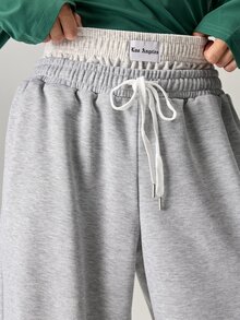 Vaulklash Casual Men's High Street Graphic Print Waistband Loose Grey Sweatpants,Summer Streetwear,Gym,Skateboard,Hip Hop,Y2K Style Wide Leg Men Sweatpants - Grey - View 7