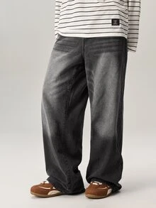 Vaulklash Men Slant Pockets Versatile Oversized Wide Leg Jeans Going Out Hang Out Commute College Street - Light Grey - View 5