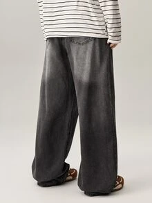 Vaulklash Men Slant Pockets Versatile Oversized Wide Leg Jeans Going Out Hang Out Commute College Street - Light Grey - View 3
