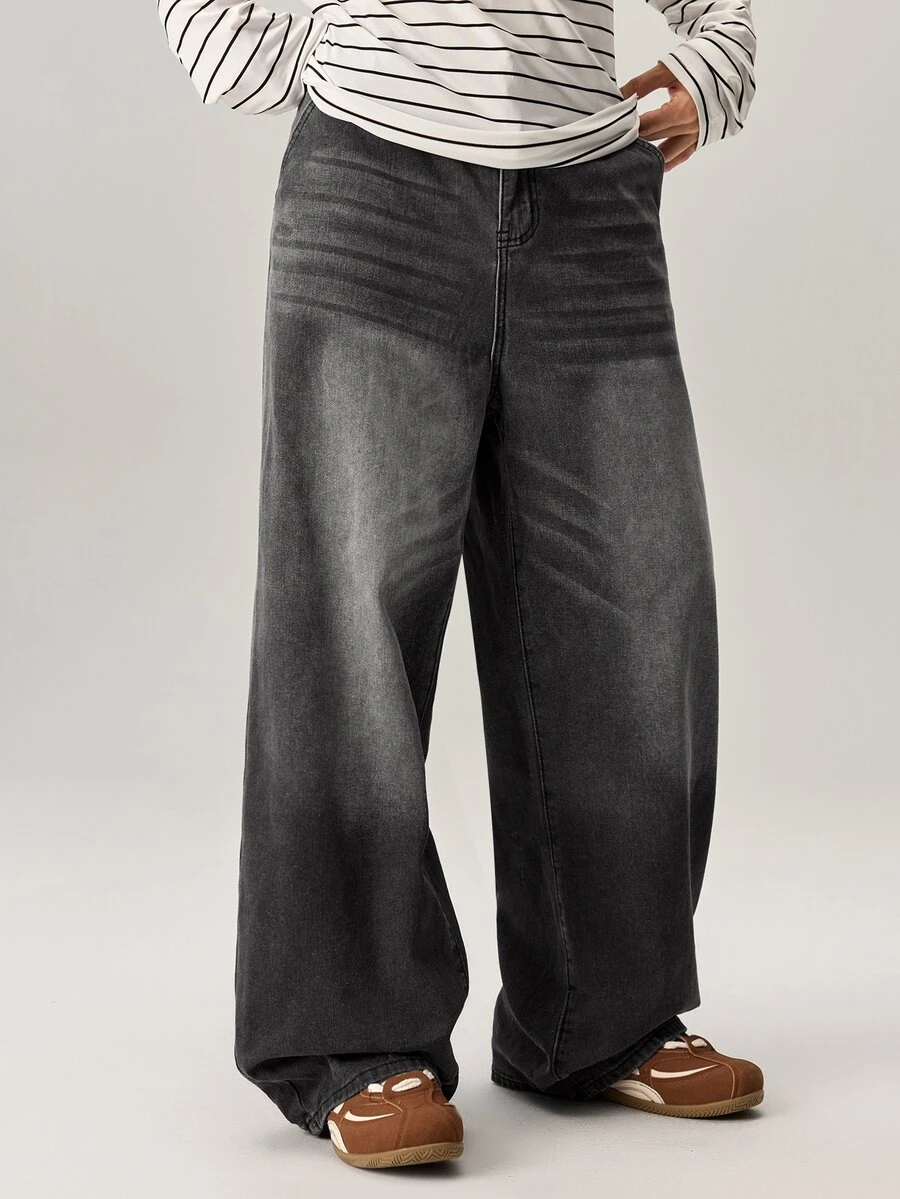 Vaulklash Men Slant Pockets Versatile Oversized Wide Leg Jeans Going Out Hang Out Commute College Street - Light Grey - View 1