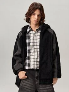 Men's Casual Fashion Street Two-Tone Zip-Up Hooded Teddy Fleece Long Sleeve Jacket, Autumn/Winter - Multicolor - View 4