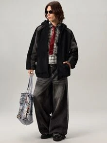Men's Casual Fashion Street Two-Tone Zip-Up Hooded Teddy Fleece Long Sleeve Jacket, Autumn/Winter - Multicolor - View 2