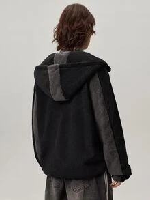 Men's Casual Fashion Street Two-Tone Zip-Up Hooded Teddy Fleece Long Sleeve Jacket, Autumn/Winter - Multicolor - View 3