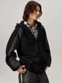 Men's Casual Fashion Street Two-Tone Zip-Up Hooded Teddy Fleece Long Sleeve Jacket, Autumn/Winter - Multicolor - View 5