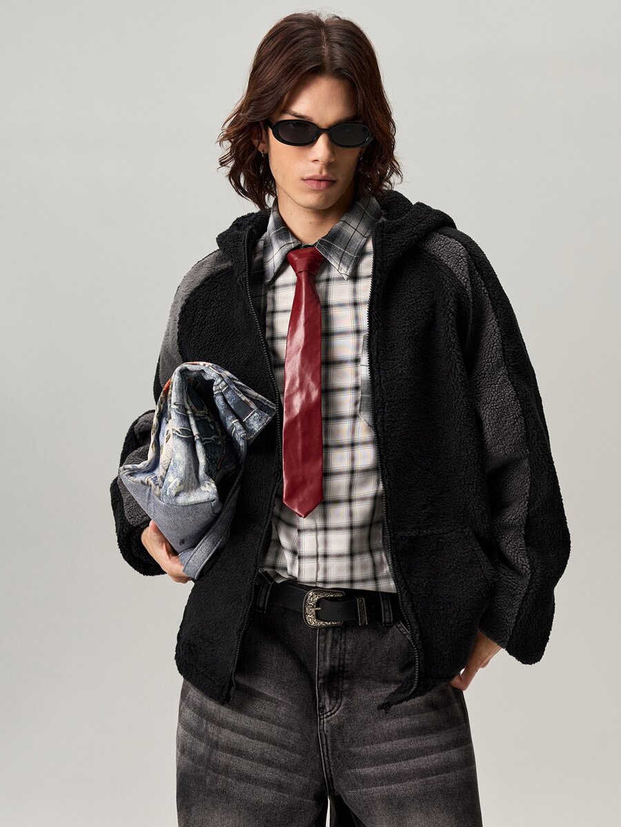 Men's Casual Fashion Street Two-Tone Zip-Up Hooded Teddy Fleece Long Sleeve Jacket, Autumn/Winter - Multicolor - View 1