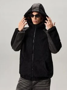 Men's Casual Fashion Street Two-Tone Zip-Up Hooded Teddy Fleece Long Sleeve Jacket, Autumn/Winter - Multicolor - View 6