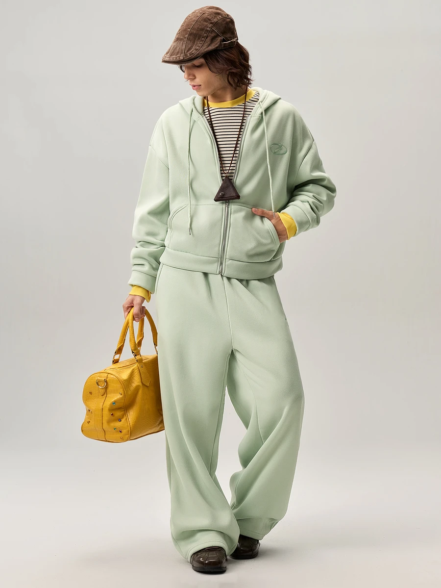 Vaulklash Men's Solid Color Zip-Up Hoodie And Drawstring Waist Sweatpants Set,Fleece, Fall Winter Clothes - Mint Green - View 1
