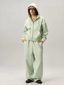 Vaulklash Men's Solid Color Zip-Up Hoodie And Drawstring Waist Sweatpants Set,Fleece, Fall Winter Clothes - Mint Green - View 5
