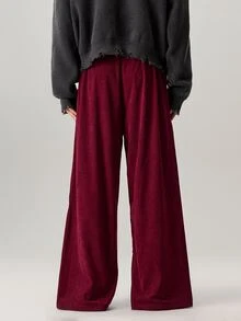 Vaulklash Men's Loose Fit Slant Pocket Wide Leg Corduroy Pants, Without Belt, For Fall Winter - Burgundy - View 3