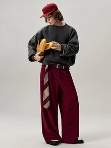 Vaulklash Men's Loose Fit Slant Pocket Wide Leg Corduroy Pants, Without Belt, For Fall Winter - Burgundy - View 6