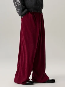 Vaulklash Men's Loose Fit Slant Pocket Wide Leg Corduroy Pants, Without Belt, For Fall Winter - Burgundy - View 5