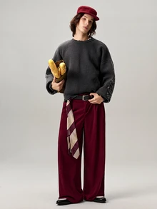 Vaulklash Men's Loose Fit Slant Pocket Wide Leg Corduroy Pants, Without Belt, For Fall Winter - Burgundy - View 2