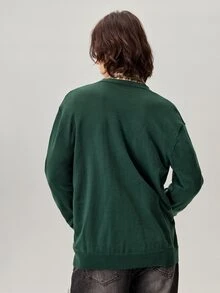 男士纯色长袖单排扣休闲开衫，秋冬 - 墨綠色 - 查看 3