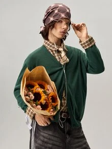 男士纯色长袖单排扣休闲开衫，秋冬 - 墨綠色 - 查看 1