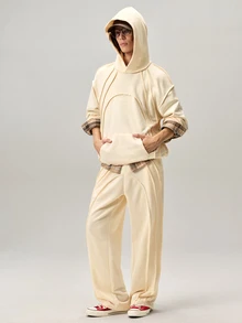 Vaulklash Men's Casual Solid Color Hoodie And Sweatpants Set - Apricot - View 6