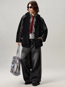 Vaulklash Y2K 复古街头服饰男士黑色牛仔竖条纹宽腿休闲宽松牛仔裤，适合送给丈夫、男朋友的礼物 - 黑色 - 查看 2