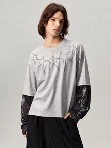 Vaulklash 男士圆领水钻五角星图案撞色休闲时尚 T 恤男士图案 T 恤图案长袖男士长袖短款上衣男士灰色图案衬衫水钻星星衬衫，秋季 - 彩色 - 查看 5