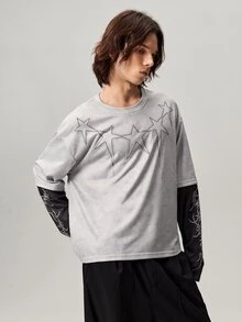 Vaulklash 男士圆领水钻五角星图案撞色休闲时尚 T 恤男士图案 T 恤图案长袖男士长袖短款上衣男士灰色图案衬衫水钻星星衬衫，秋季 - 彩色 - 查看 4