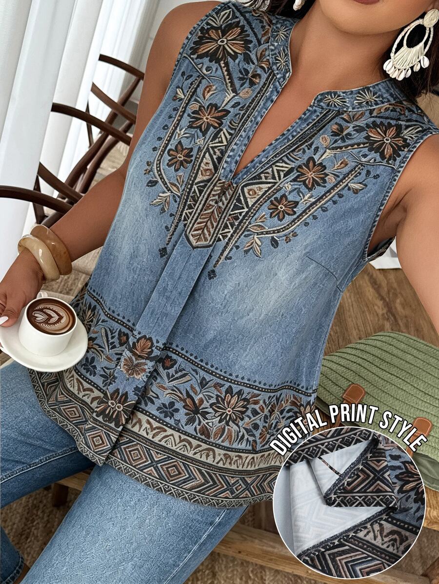 Weeklong Plus Size Women's Spring/Summer Graphic Print Sleeveless Casual Vacation Shirt Vest - Multicolor - View 1