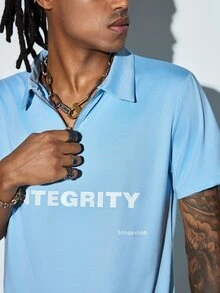 Men's Summer Casual Daily Minimalist English Print Half-Zip Short Sleeve T-Shirt - Baby Blue - View 7