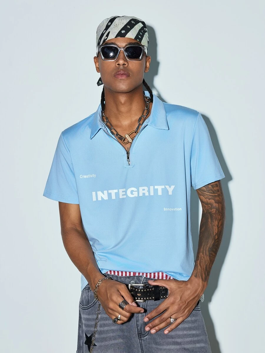 Men's Summer Casual Daily Minimalist English Print Half-Zip Short Sleeve T-Shirt - Baby Blue - View 1