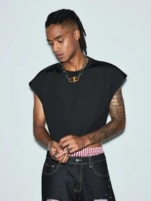 Modcrash Men's Black Short Dropped Shoulder Sleeveless Tank Top, American Street Style Cropped Casual Vest - Black - View 5