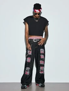 Modcrash Men's Black Short Dropped Shoulder Sleeveless Tank Top, American Street Style Cropped Casual Vest - Black - View 3