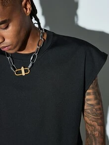 Modcrash Men's Black Short Dropped Shoulder Sleeveless Tank Top, American Street Style Cropped Casual Vest - Black - View 7