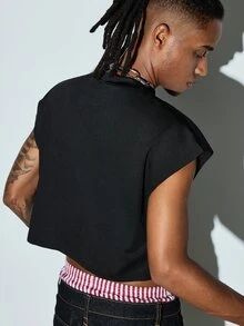 Modcrash Men's Black Short Dropped Shoulder Sleeveless Tank Top, American Street Style Cropped Casual Vest - Black - View 2