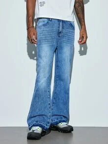 Modcrash Retro Light Blue Washed Denim Jeans, Distressed Frayed Hem Slightly Flared Pants For Men, Versatile Slimming Long Pants, Street Style Daily Commute Slightly Flared Denim Long Pants, All-Season Versatile Denim Long Pants. Fall/Autumn/Winter - Pure Blue - View 7