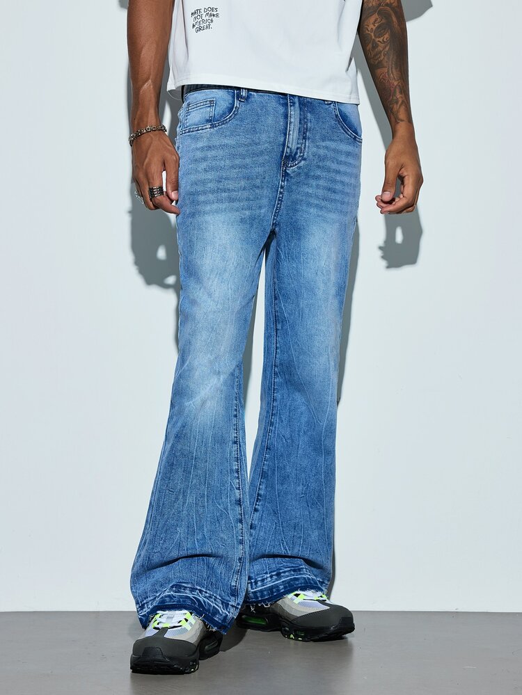 Modcrash Celana Jeans Denim Biru Muda Retro Washed Pria, Celana Panjang Denim Sedikit Flare dengan Efek Distressed dan Keliman Rumbai, Slimming Serbaguna untuk Gaya Street Wear dan Komuter Harian, Cocok untuk Semua Musim, Musim Gugur/Musim Dingin - Biru Murni - View 6