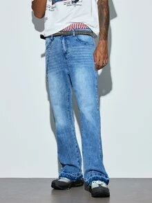 Modcrash Retro Light Blue Washed Denim Jeans, Distressed Frayed Hem Slightly Flared Pants For Men, Versatile Slimming Long Pants, Street Style Daily Commute Slightly Flared Denim Long Pants, All-Season Versatile Denim Long Pants. Fall/Autumn/Winter - Pure Blue - View 2