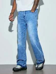 Modcrash Retro Light Blue Washed Denim Jeans, Distressed Frayed Hem Slightly Flared Pants For Men, Versatile Slimming Long Pants, Street Style Daily Commute Slightly Flared Denim Long Pants, All-Season Versatile Denim Long Pants. Fall/Autumn/Winter - Pure Blue - View 5