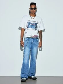 Modcrash Retro Light Blue Washed Denim Jeans, Distressed Frayed Hem Slightly Flared Pants For Men, Versatile Slimming Long Pants, Street Style Daily Commute Slightly Flared Denim Long Pants, All-Season Versatile Denim Long Pants. Fall/Autumn/Winter - Pure Blue - View 4