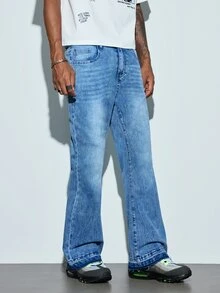 Modcrash Retro Light Blue Washed Denim Jeans, Distressed Frayed Hem Slightly Flared Pants For Men, Versatile Slimming Long Pants, Street Style Daily Commute Slightly Flared Denim Long Pants, All-Season Versatile Denim Long Pants. Fall/Autumn/Winter - Pure Blue - View 6